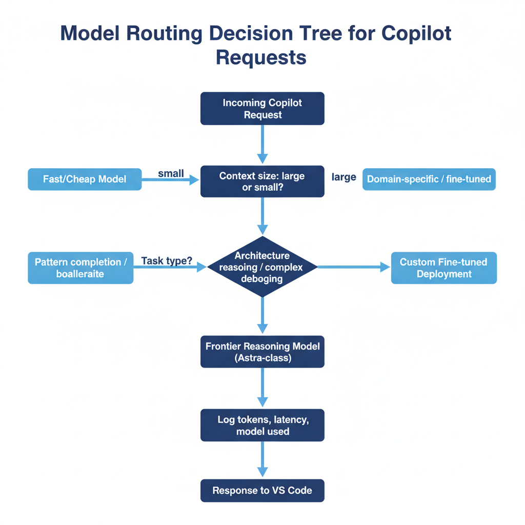 Model routing decision tree: incoming Copilot request branches on context size, then task type, routing to a fast/cheap model, a frontier reasoning-tier model, or a custom fine-tuned deployment, with all paths logging tokens and latency before responding to VS Code.