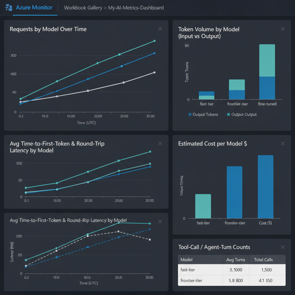 Illustrative Azure Monitor Workbook mockup showing requests-by-model over time, token volume by model, time-to-first-token and latency by model, estimated cost per model, and a tool-call/agent-turn count table.